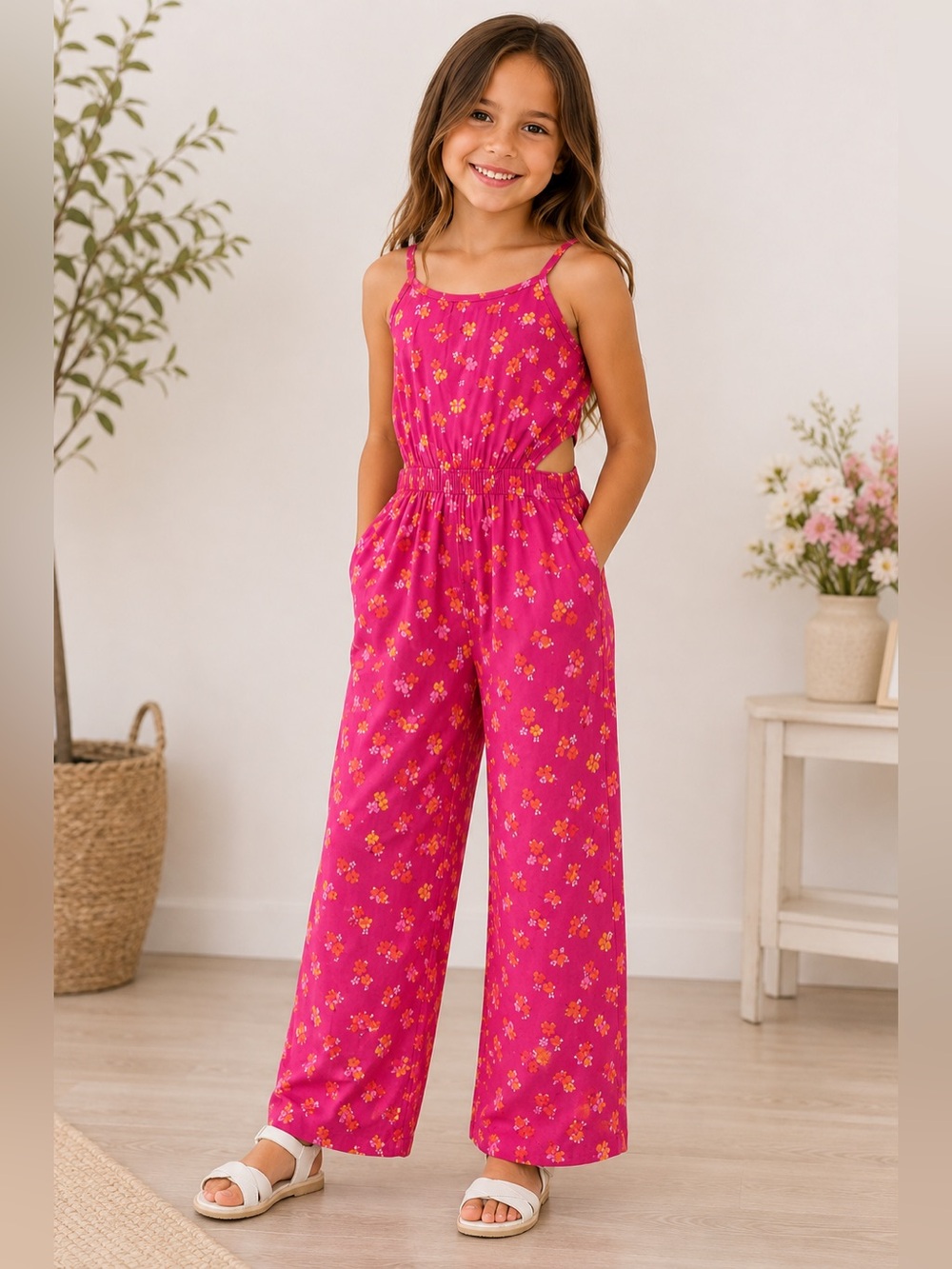 NWT Cat &Jack 100% cotton Girls' Pink Floral Wide-Leg Jumpsuit size Medium/8